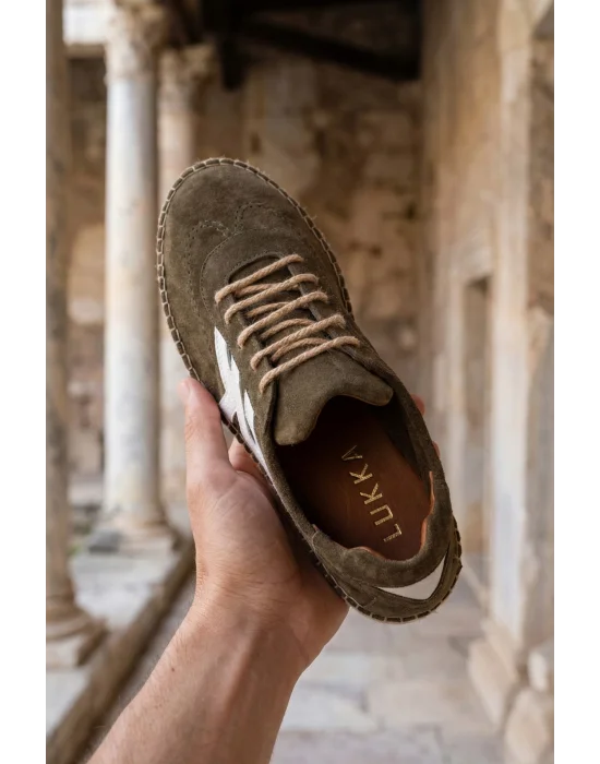 Hakiki Deri Chery Haki Süet Bağcıklı Espadril