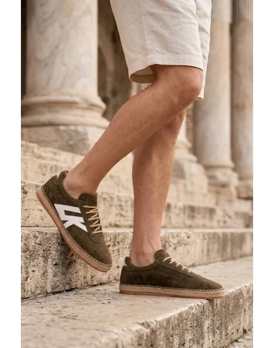 Hakiki Deri Chery Haki Süet Bağcıklı Espadril