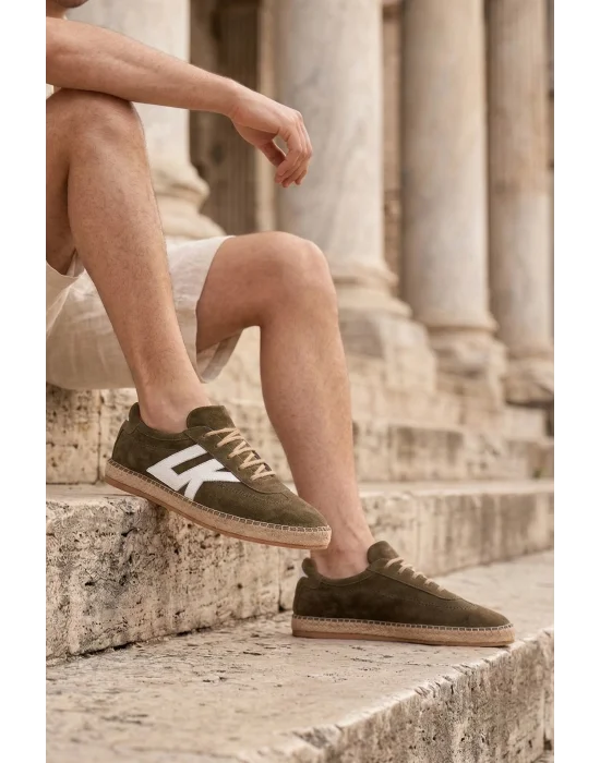 Hakiki Deri Chery Haki Süet Bağcıklı Espadril