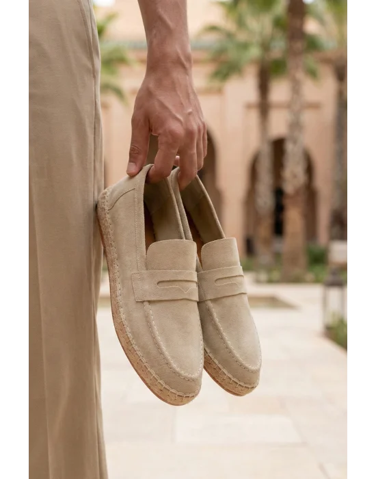 Lotus Erkek Suni Deri Bej Loafer Espadril