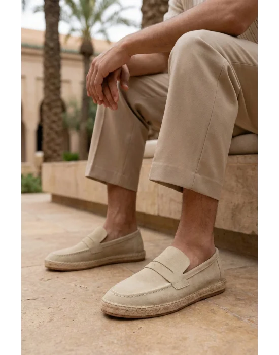 Lotus Erkek Suni Deri Bej Loafer Espadril