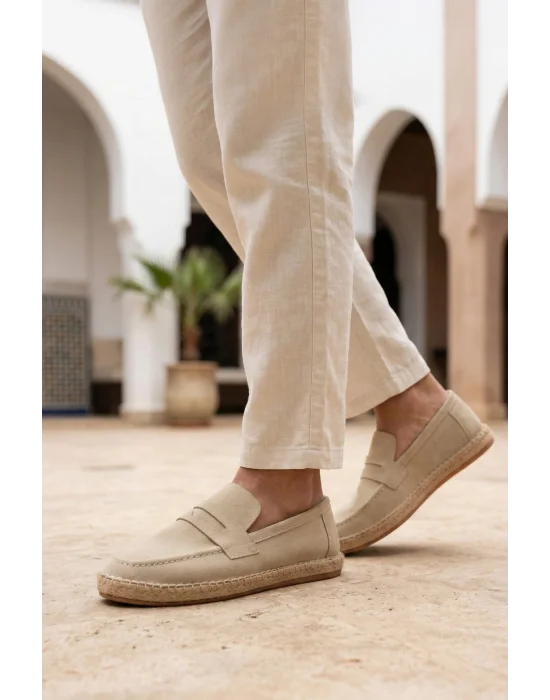 Lotus Erkek Suni Deri Bej Loafer Espadril