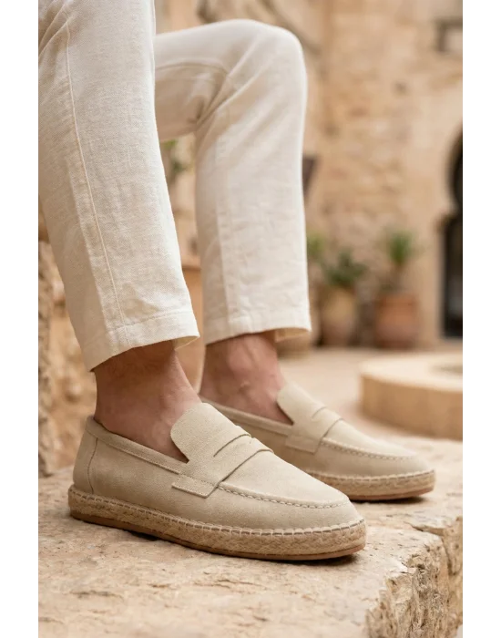 Lotus Erkek Suni Deri Bej Loafer Espadril