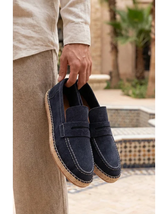 Lotus Erkek Suni Deri Lacivert Loafer Espadril
