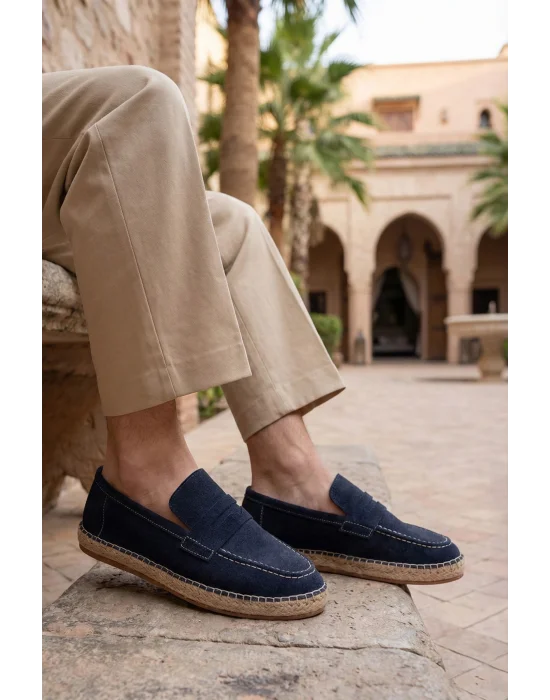 Lotus Erkek Suni Deri Lacivert Loafer Espadril