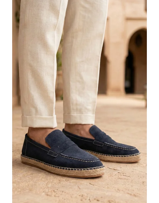 Lotus Erkek Suni Deri Lacivert Loafer Espadril