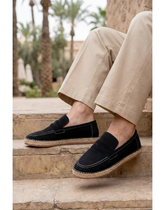 Lotus Erkek Suni Deri Siyah Loafer Espadril