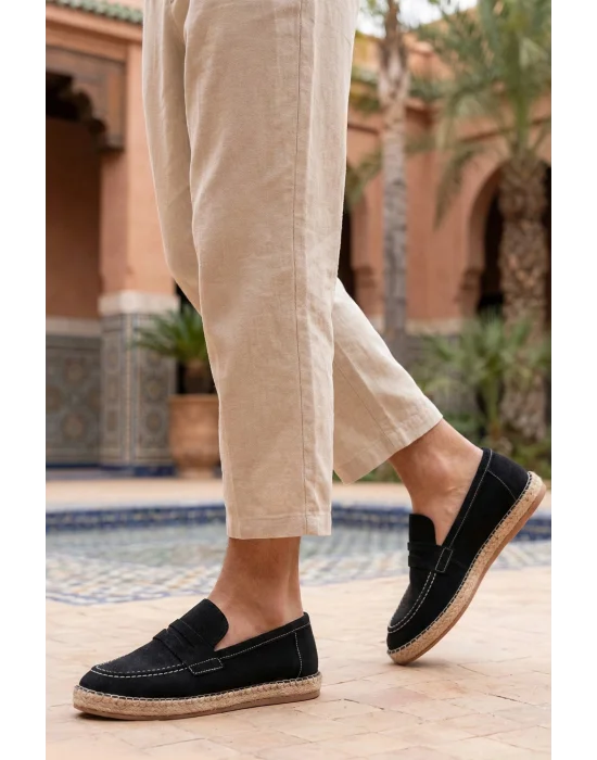 Lotus Erkek Suni Deri Siyah Loafer Espadril