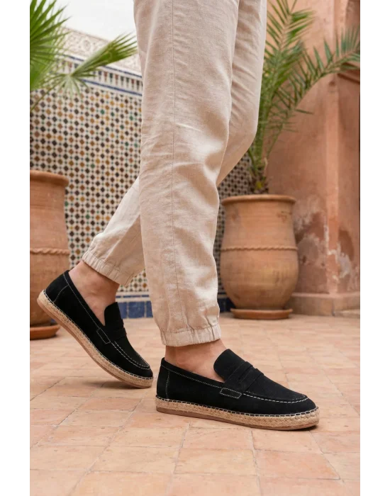 Lotus Erkek Suni Deri Siyah Loafer Espadril