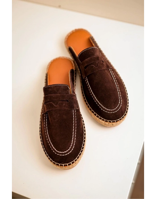 Bloom Hakiki Deri Acı Kahve Kauçuk taban terlik