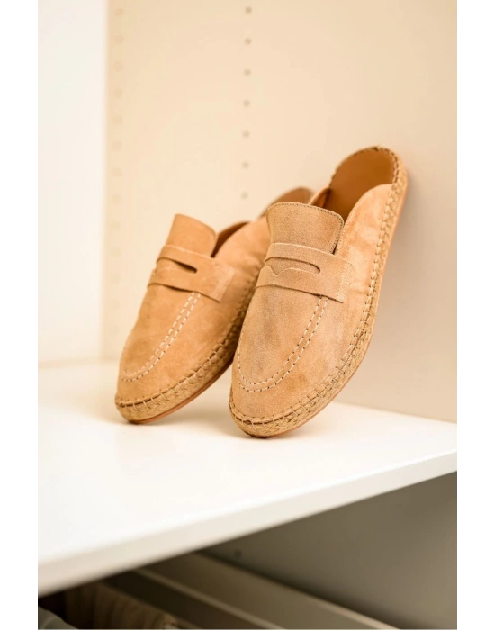 Bloom Hakiki Deri Bej Kauçuk taban terlik