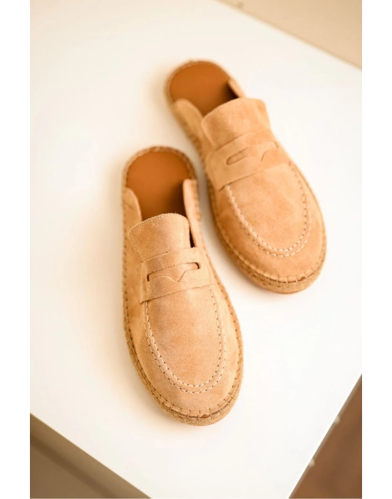 Bloom Hakiki Deri Bej Kauçuk taban terlik