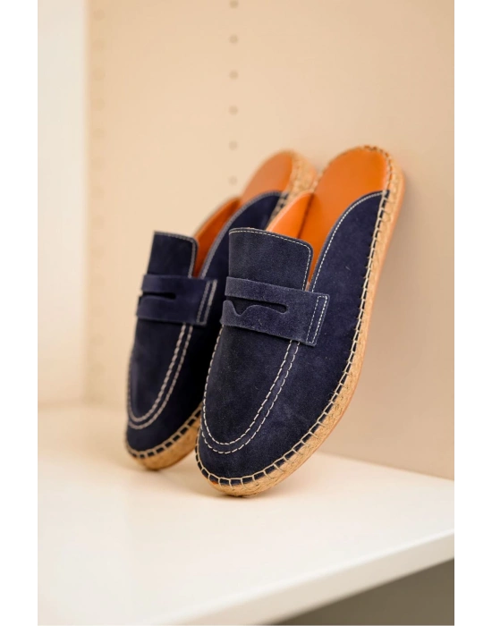 Bloom Hakiki Deri Lacivert Kauçuk taban terlik