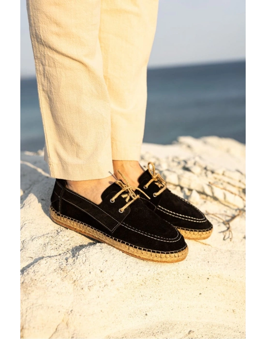 Fleur Hakiki Deri Siyah Bağcıklı Espadril