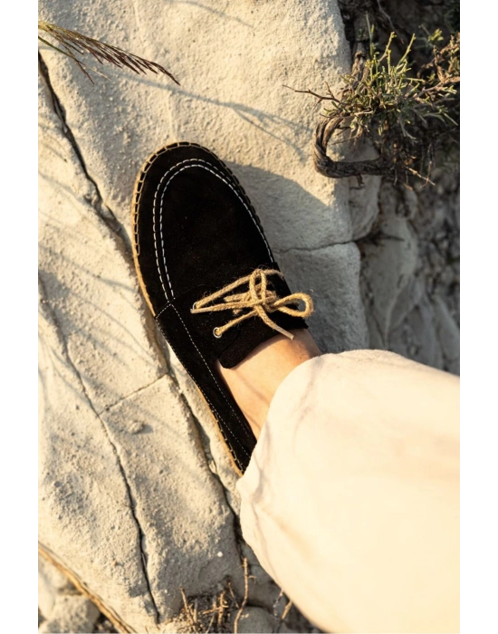 Fleur Hakiki Deri Siyah Bağcıklı Espadril