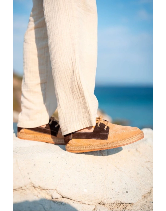 Fleur Hakiki Deri Bej Garnili Bağcıklı Espadril