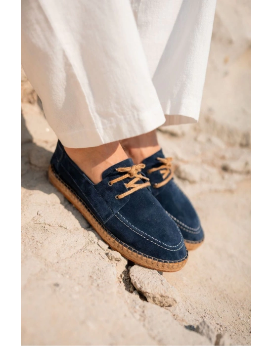 Fleur Hakiki Deri Lacivert Bağcıklı Espadril