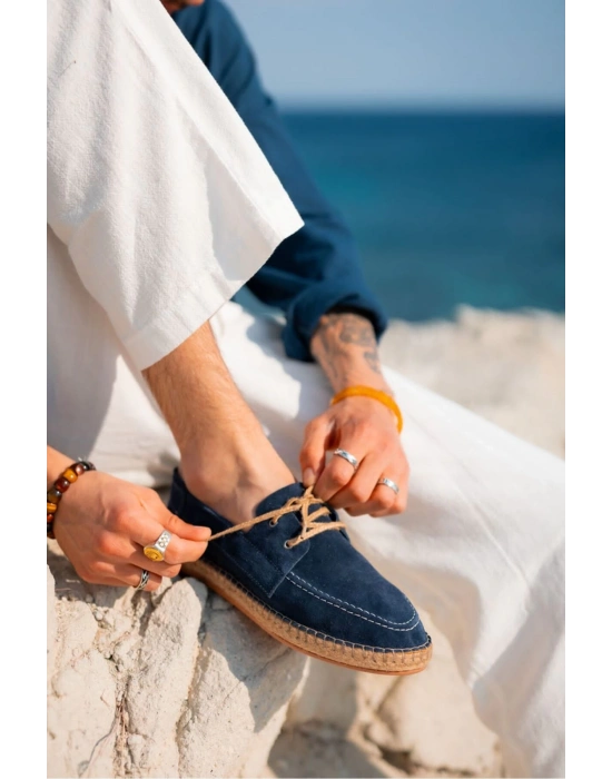 Fleur Hakiki Deri Lacivert Bağcıklı Espadril