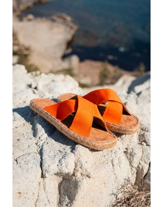 Zeta Oranj Çapraz Keten Erkek Terlik