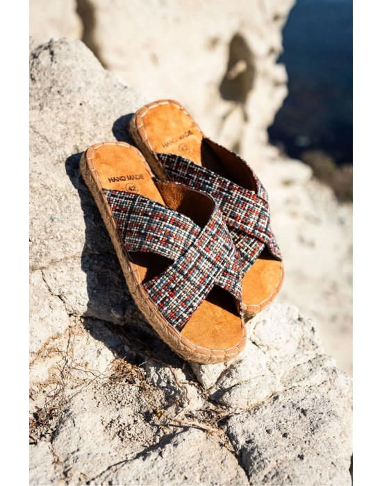 Zeta Kırmızı Çizgili Çapraz Keten Erkek Terlik