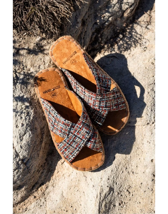 Zeta Kırmızı Çizgili Çapraz Keten Erkek Terlik