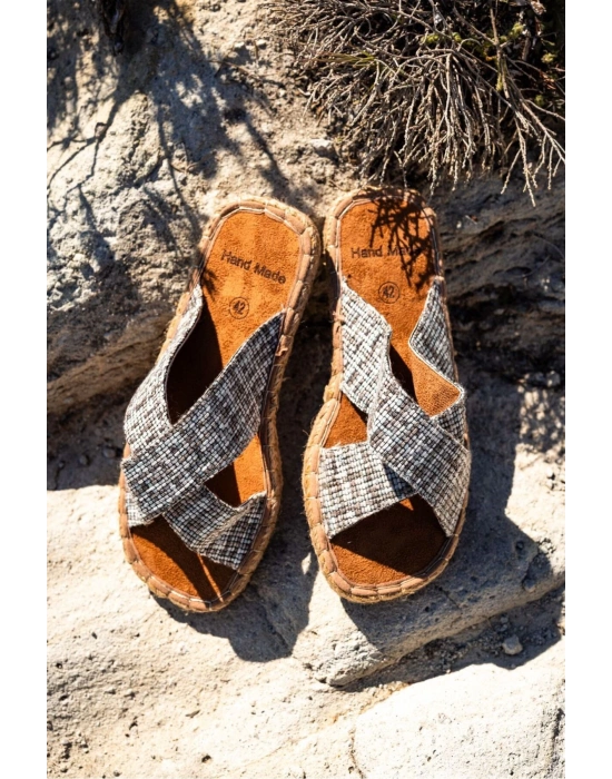 Zeta Gri Çizgili Çapraz Keten Erkek Terlik