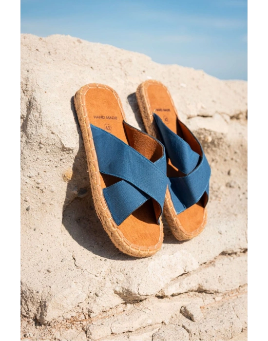 Zeta Mavi Çapraz Keten Erkek Terlik