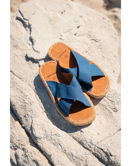 Zeta Mavi Çapraz Keten Erkek Terlik
