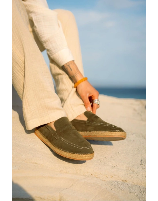 Rose Haki Hakiki Deri Süet Erkek Loafer ayakkabı espadril