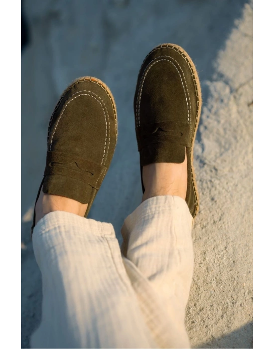 Rose Haki Hakiki Deri Süet Erkek Loafer ayakkabı espadril
