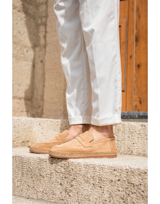 Rose Bej Hakiki Deri Süet Erkek Loafer ayakkabı espadril