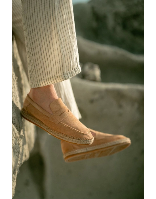Rose Bej Hakiki Deri Süet Erkek Loafer ayakkabı espadril