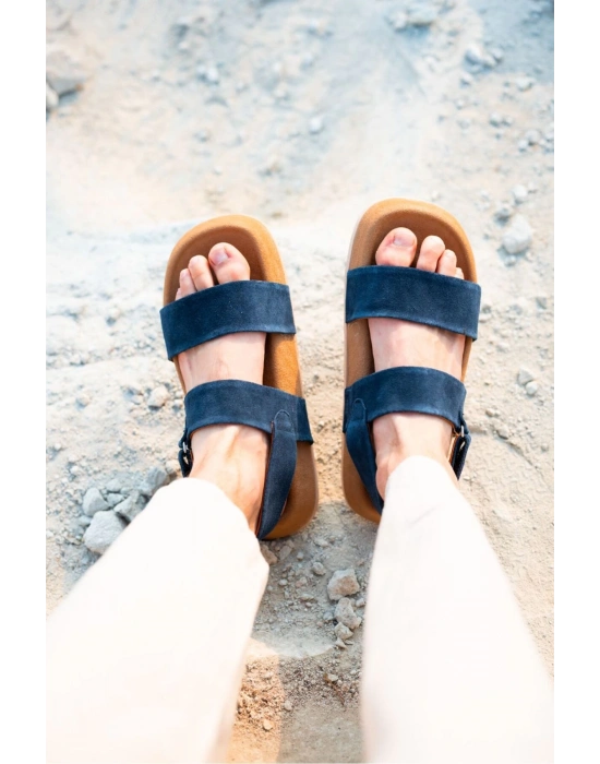 Farah Hakiki Deri Lacivert Hafif Taban Sandalet