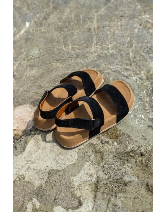 Farah Hakiki Deri Siyah Hafif Taban Erkek Sandalet