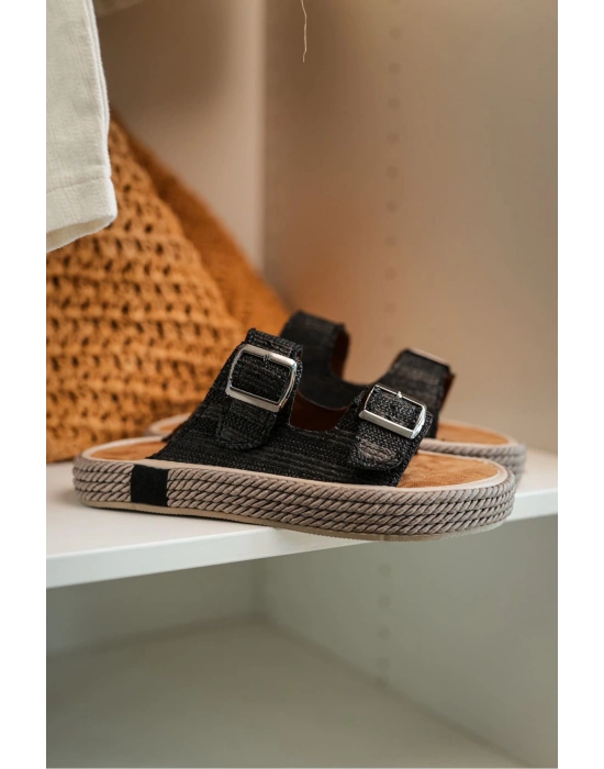 Francesco Siyah Çift Tokalı El Yapımı Natural Hasır Erkek Terlik