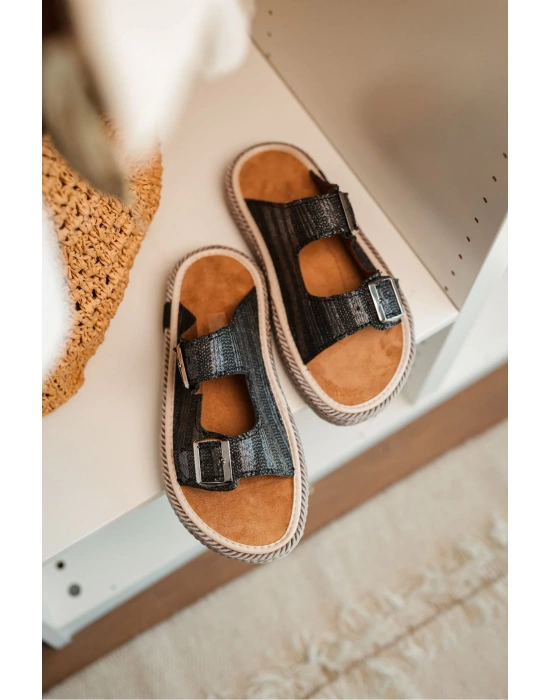 Francesco Siyah Çift Tokalı El Yapımı Natural Hasır Erkek Terlik