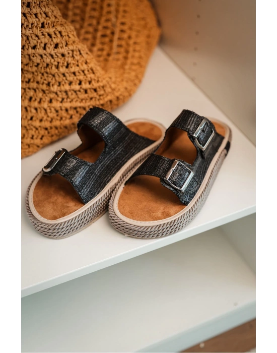 Francesco Siyah Çift Tokalı El Yapımı Natural Hasır Erkek Terlik