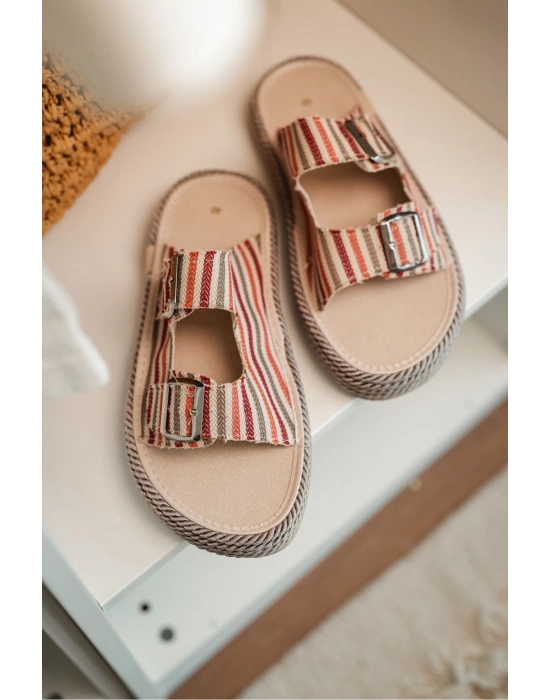 Francesco Çok Renkli Çift Tokalı El Yapımı Natural Hasır Erkek Terlik