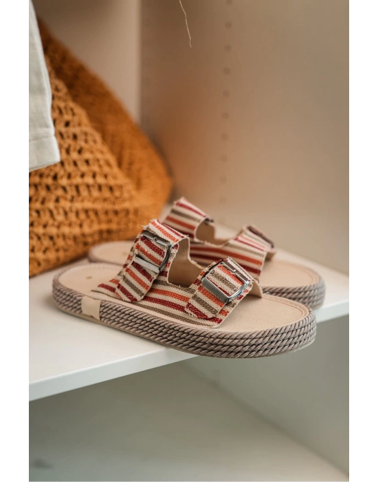 Francesco Çok Renkli Çift Tokalı El Yapımı Natural Hasır Erkek Terlik