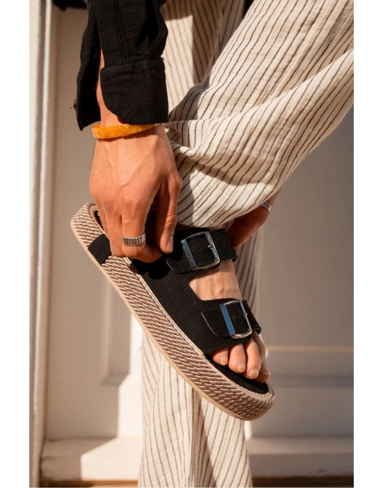 Francesco Siyah Süet Çift Tokalı El Yapımı Natural Hasır Erkek Terlik