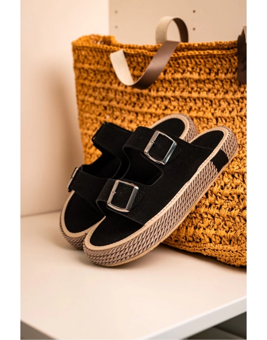 Francesco Siyah Süet Çift Tokalı El Yapımı Natural Hasır Erkek Terlik