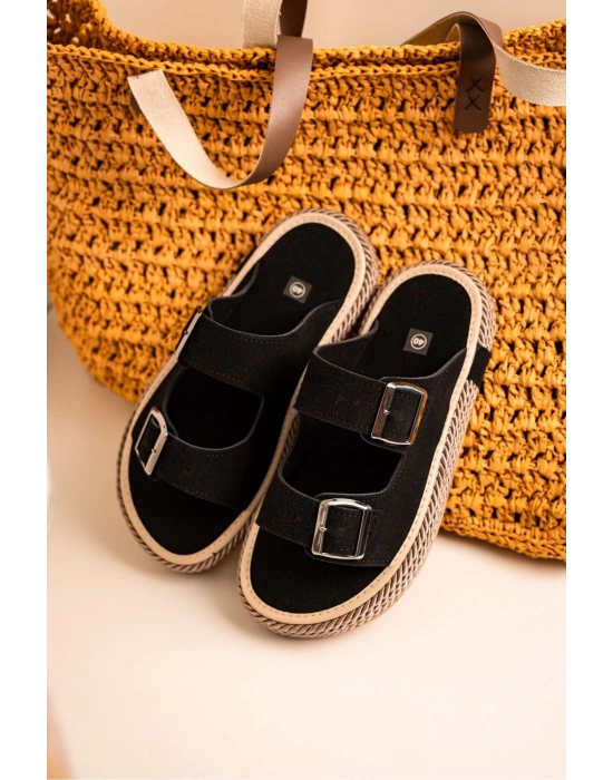 Francesco Siyah Süet Çift Tokalı El Yapımı Natural Hasır Erkek Terlik