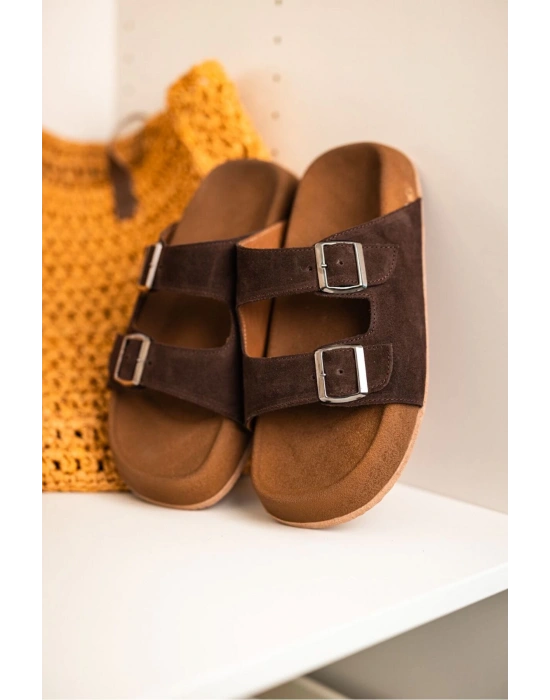 Lorenzo Acı Kahve Çift Tokalı Hafif Mantar Taban Erkek Terlik