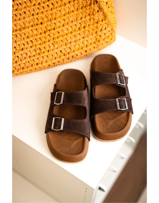 Lorenzo Acı Kahve Çift Tokalı Hafif Mantar Taban Erkek Terlik