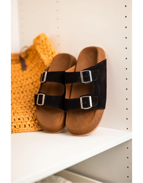 Lorenzo Siyah Çift Tokalı Hafif Mantar Taban Erkek Terlik