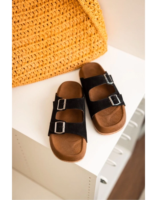 Lorenzo Siyah Çift Tokalı Hafif Mantar Taban Erkek Terlik