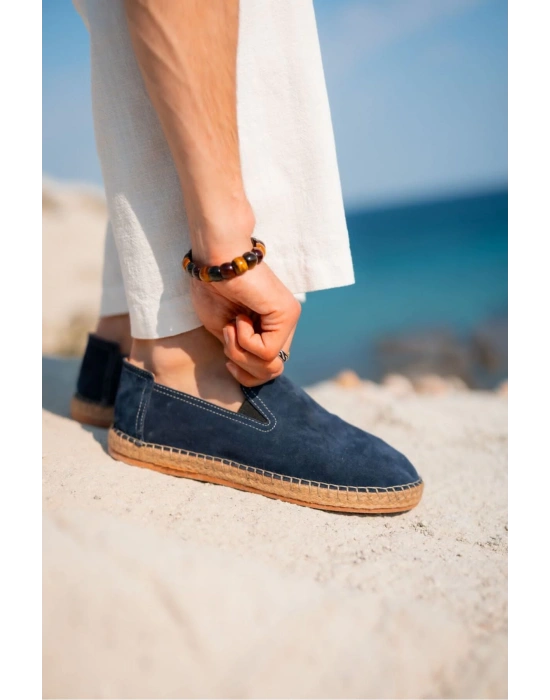 Robert Lacivert Hakiki Deri El Yapımı Erkek Espadril