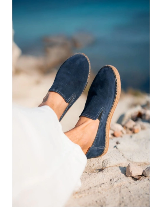 Robert Lacivert Hakiki Deri El Yapımı Erkek Espadril