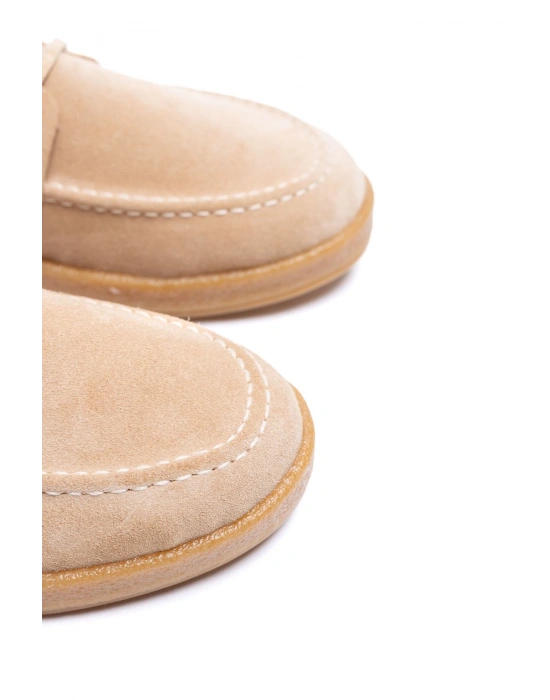 Erkek Hakiki Deri Bej Bağcıklı Püskül Detaylı Kauçuk Taban Günlük Ayakkabı