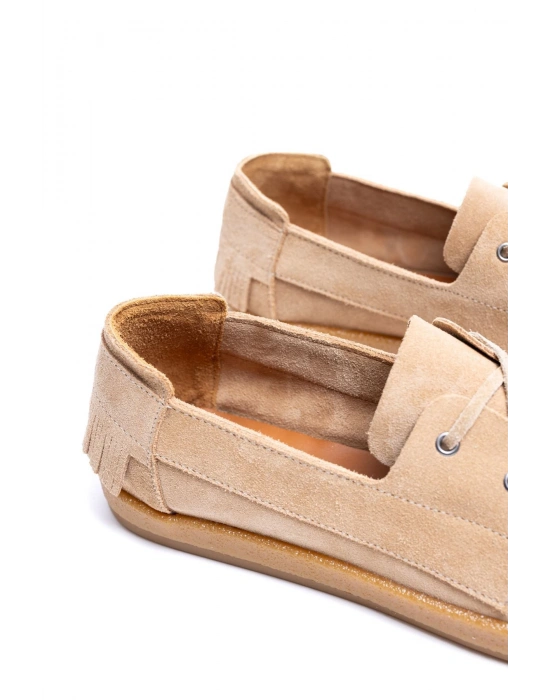 Erkek Hakiki Deri Bej Bağcıklı Püskül Detaylı Kauçuk Taban Günlük Ayakkabı